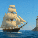 海に浮かぶ帆船と灯台